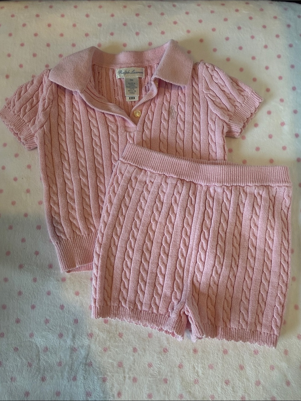 Ralph Lauren baby Light Pink Cable-Knit Short Sleeve Top & shorts